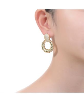 14k Yellow Gold Plated with Cubic Zirconia Pave Twisted Rope Drop Hoop Door Knocker Earrings