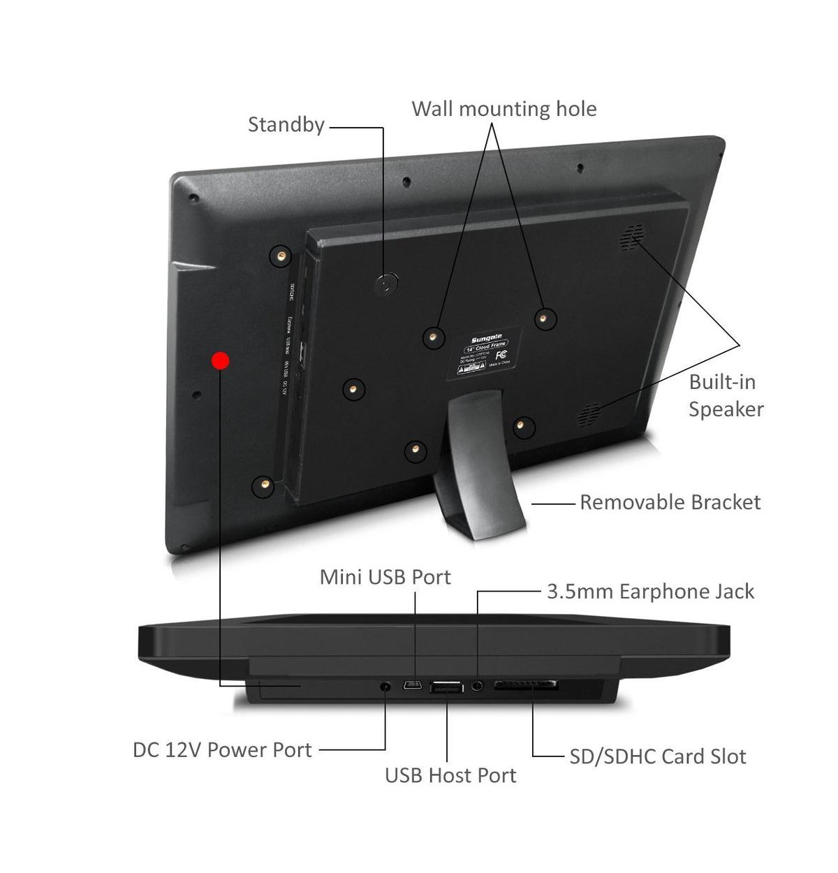 14 in Cloud Photo Frame, 20GB Cloud Storage, Camera/App Support - Black