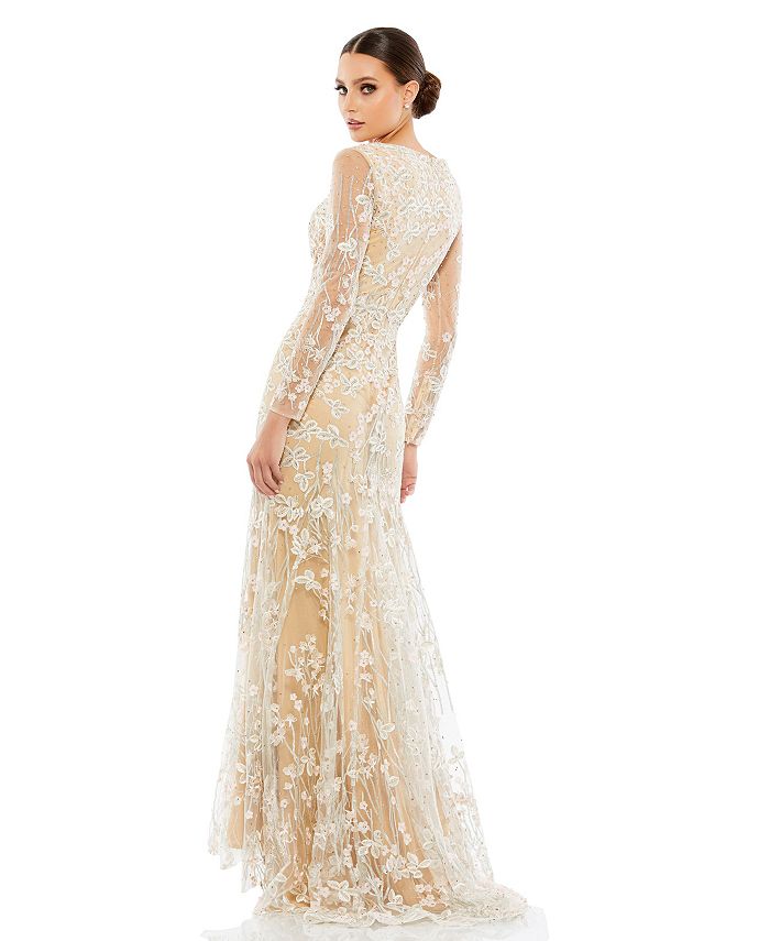Mac Duggal Women's Embroidered V Neck Long Sleeve Trumpet Gown - Macy's