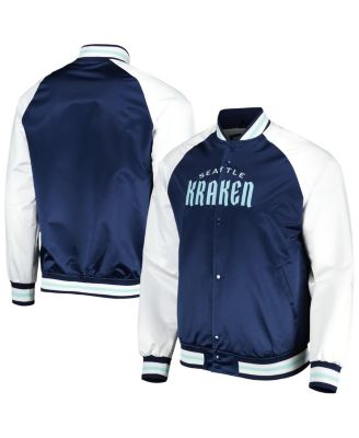 Men's Deep Sea Blue, White Seattle Kraken Primetime Raglan Satin Full-Snap Jacket