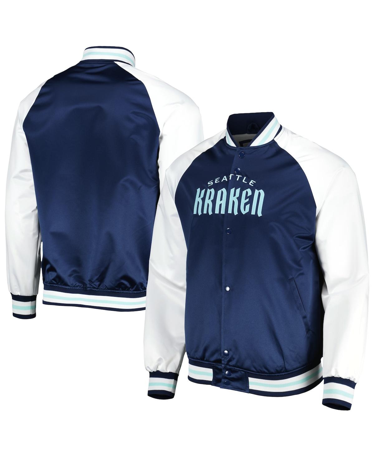 Shop Mitchell & Ness Men's  Deep Sea Blue, White Seattle Kraken Primetime Raglan Satin Full-snap Jacket In Deep Sea Blue,white