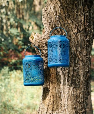 8.75" H Metal Cutout Solar Powered Outdoor Hanging Lantern with Edison Bulb, Set of 2