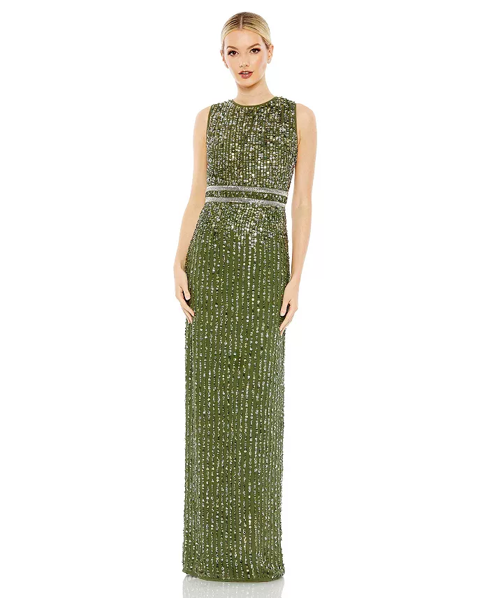 Women's Sequined High Neck Sleeveless Column Gown - thumbnail 4