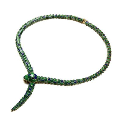 Enchanting Green Cubic Zirconia Snake Collar Necklace in 14k Yellow Gold Plating with Blue & Green Enamel