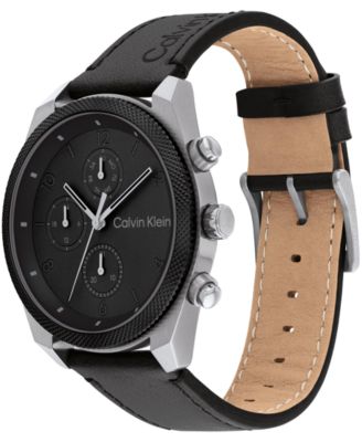 Men's Multifunction Black Leather Strap Watch 44mm