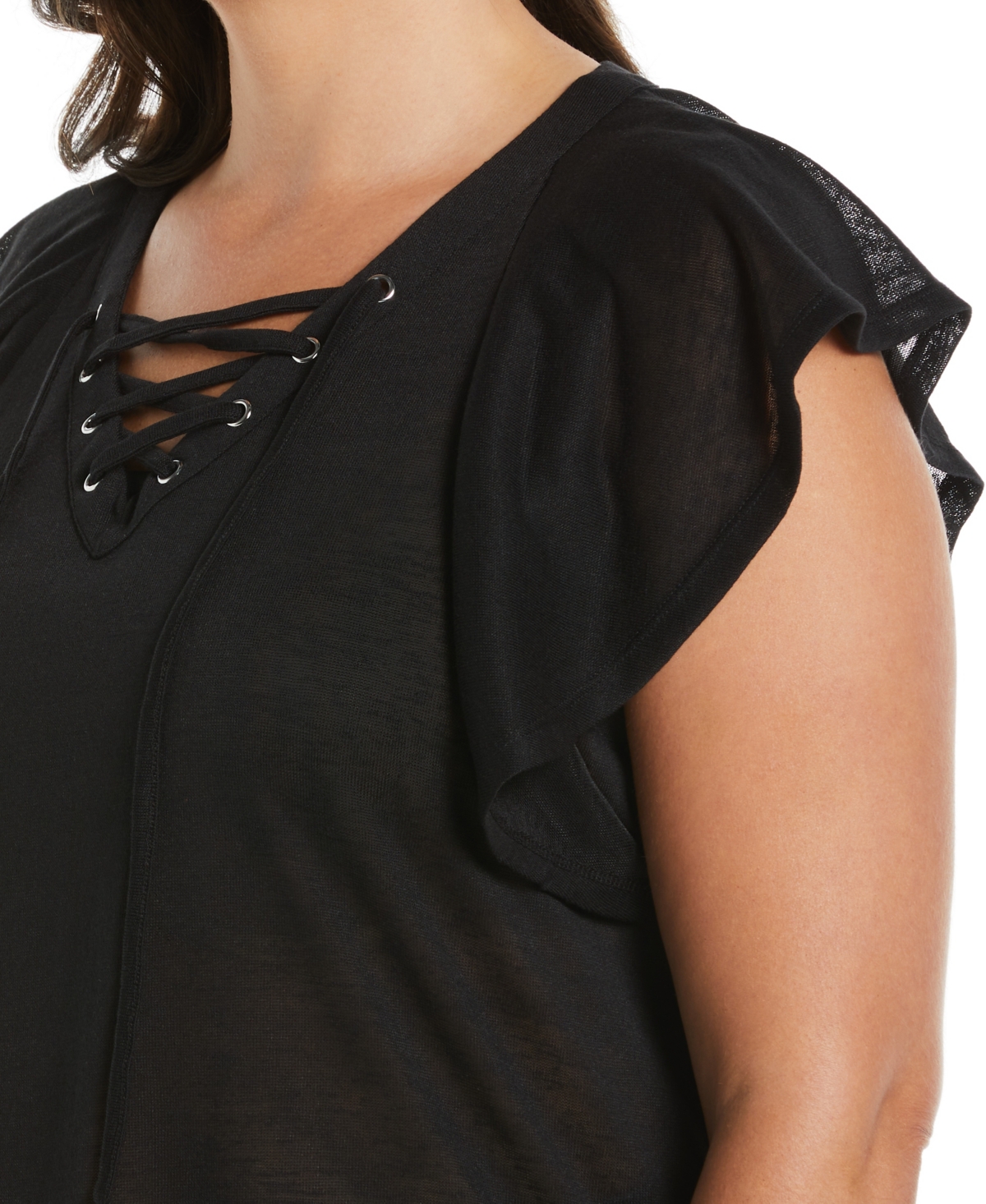 Ella Rafaella Plus Size Lace-Up Flutter Short Sleeve Top