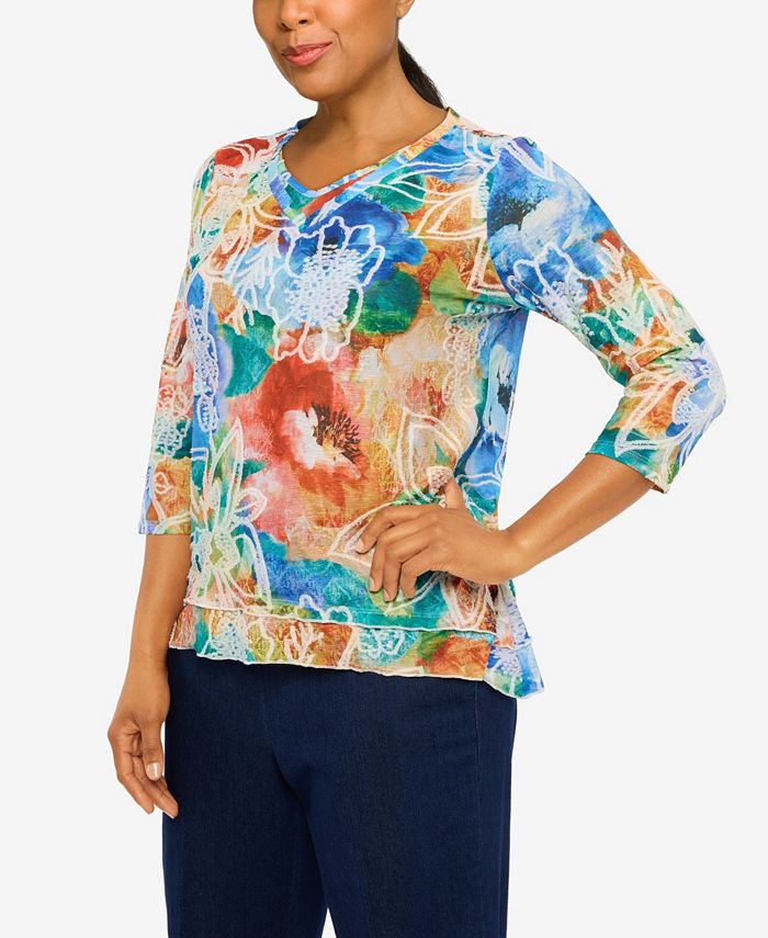 Alfred Dunner Women's Moody Blues Watercolor Floral V-neck Top - Macy's