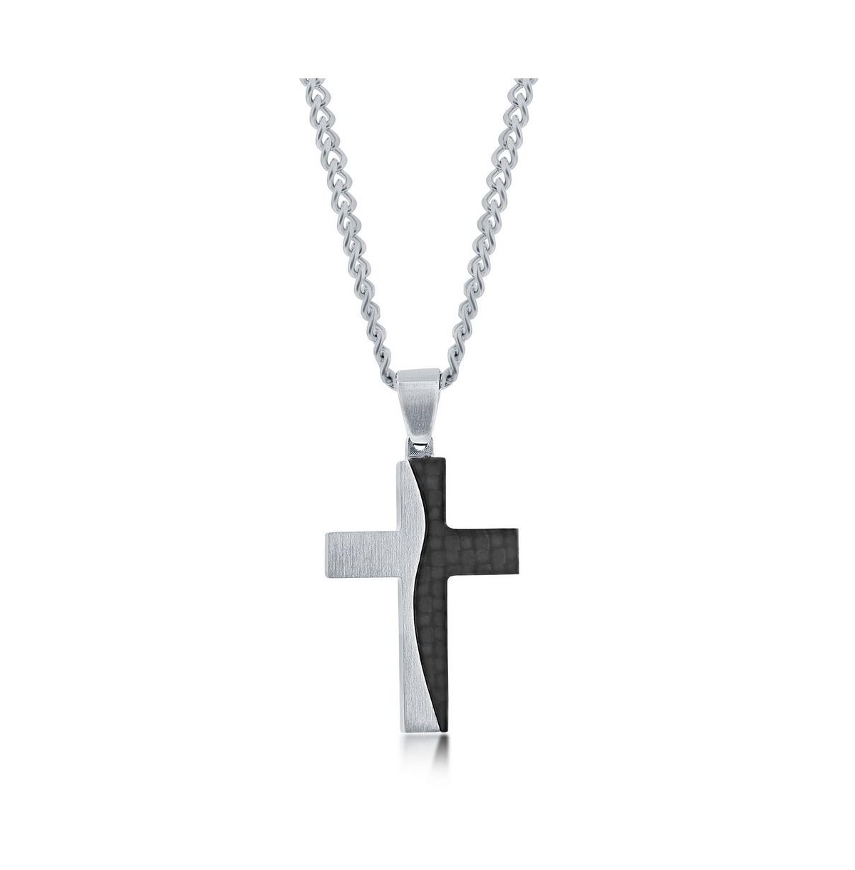 Men's Stainless Steel Silver & Carbon Fiber Cross Necklace - Black