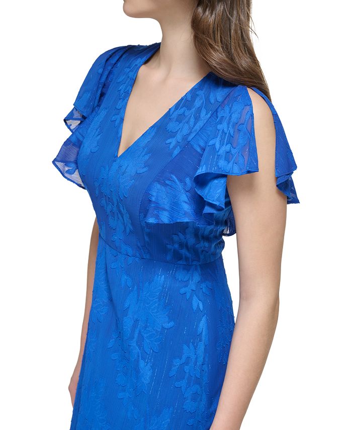 Elegant Flutter Sleeves Jewel Floral Burnout Chiffon A-Line Formal Evening Dresses