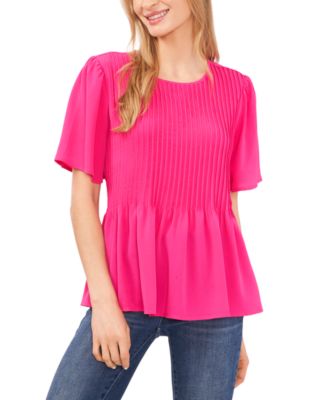 CeCe - Women's Crewneck Short Sleeve Pin Tuck Blouse