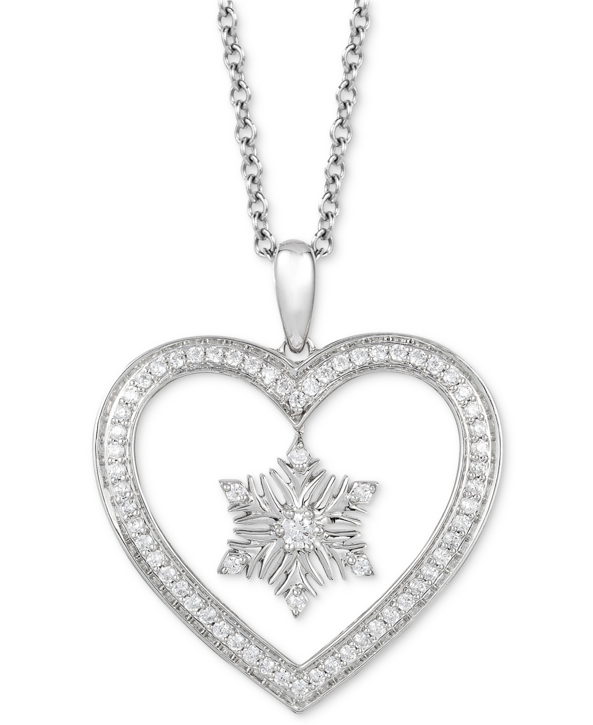 Diamond Elsa Snowflake Heart Pendant Necklace (1/5 ct. t.w.) in Sterling Silver, 16" + 2" extender - Sterling Silver