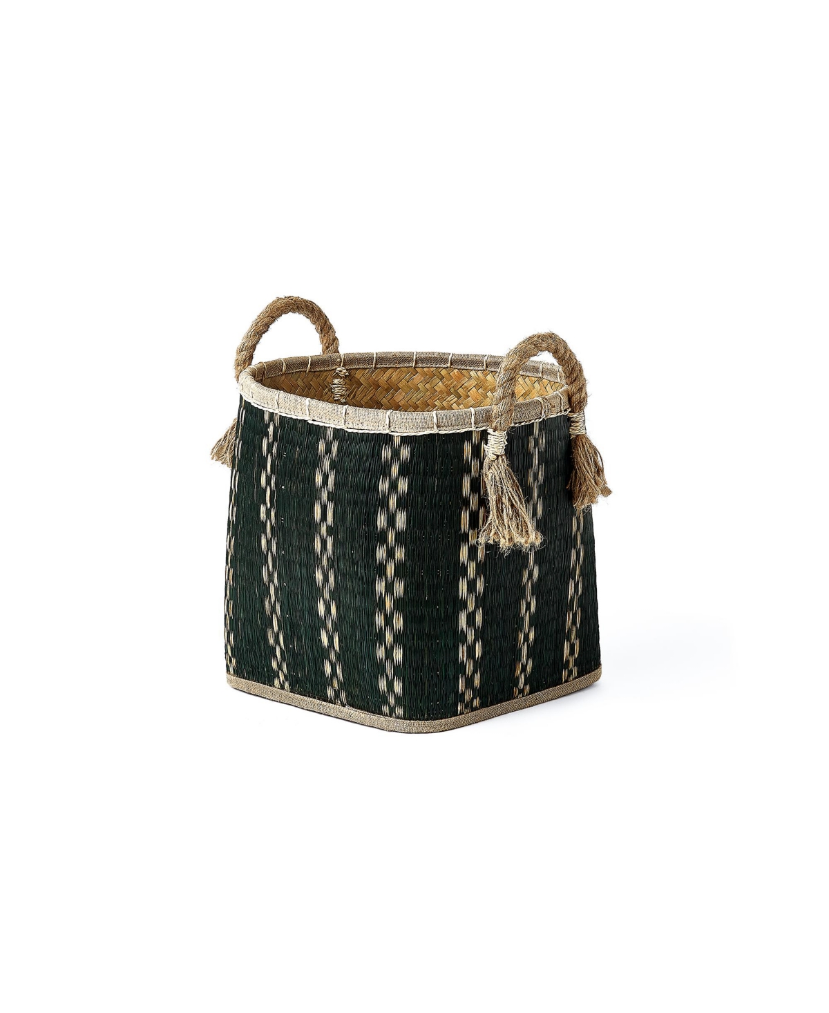 Baum 3 Piece Round Top and Square Bottom Palm Leave Basket Set with Rope Handles and Tassels - Black and Natural