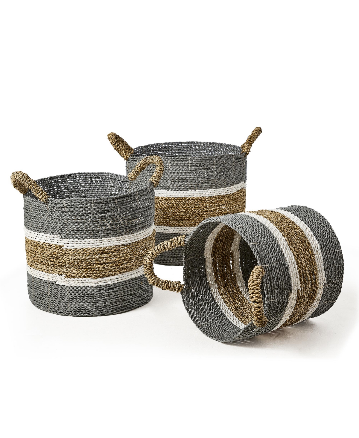 3 Piece Round Sea Grass and Raffia Basket Set with Ear Handles - Gray and Tan