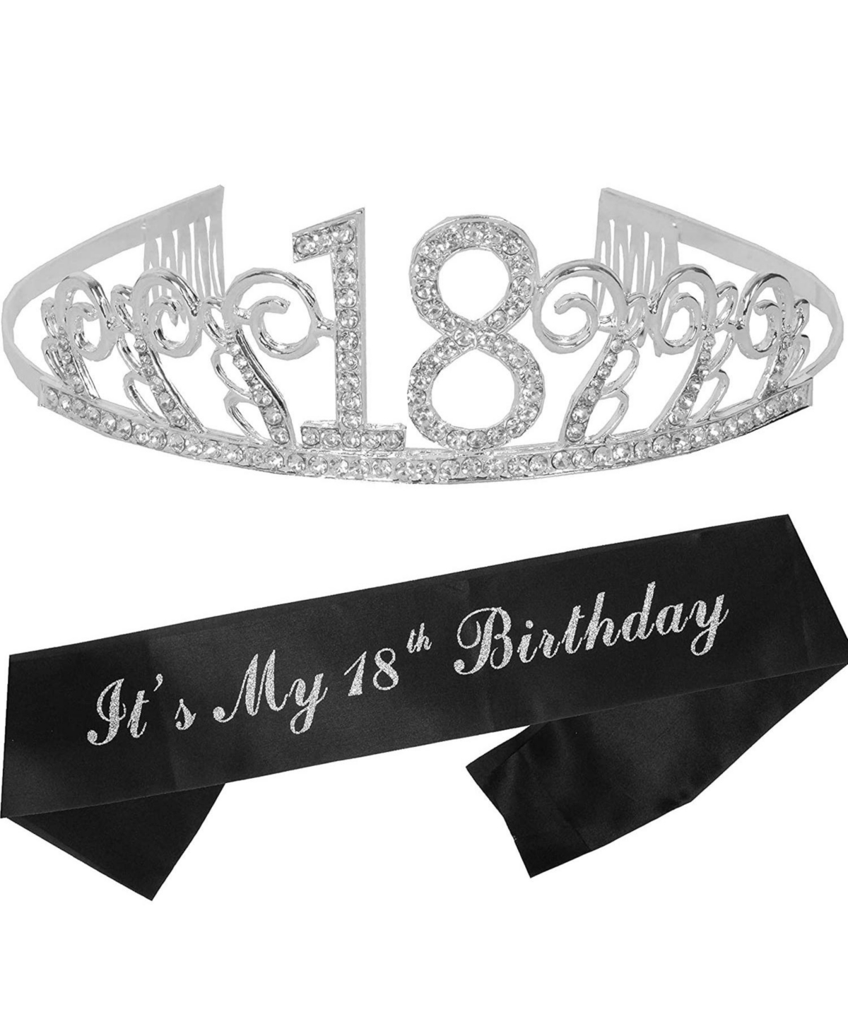 18th Birthday Sash and Tiara for Women - Fabulous Set: Glitter Sash + Waves Rhinestone Premium Metal Tiara, 18th Birthday Gifts for Women Party - Silv