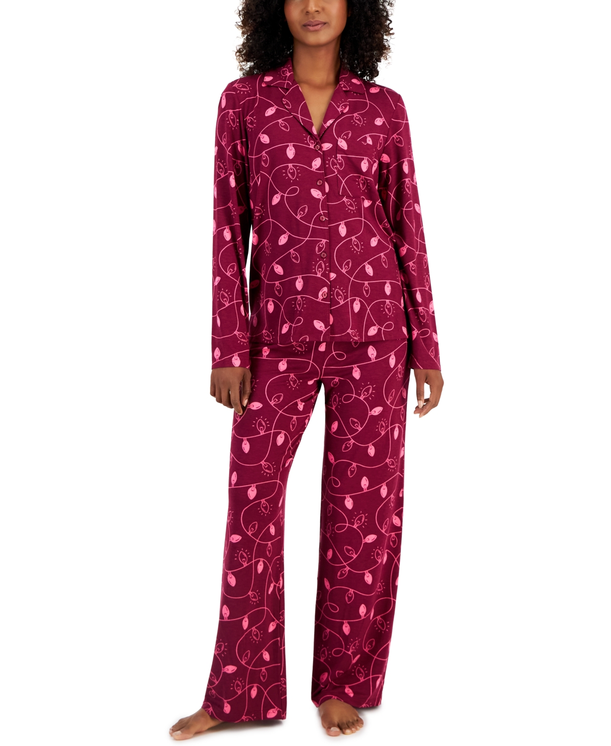 Women's Supersoft Notched-Collar Pajamas Set, Created for Macy's - Xmas Light Smpl