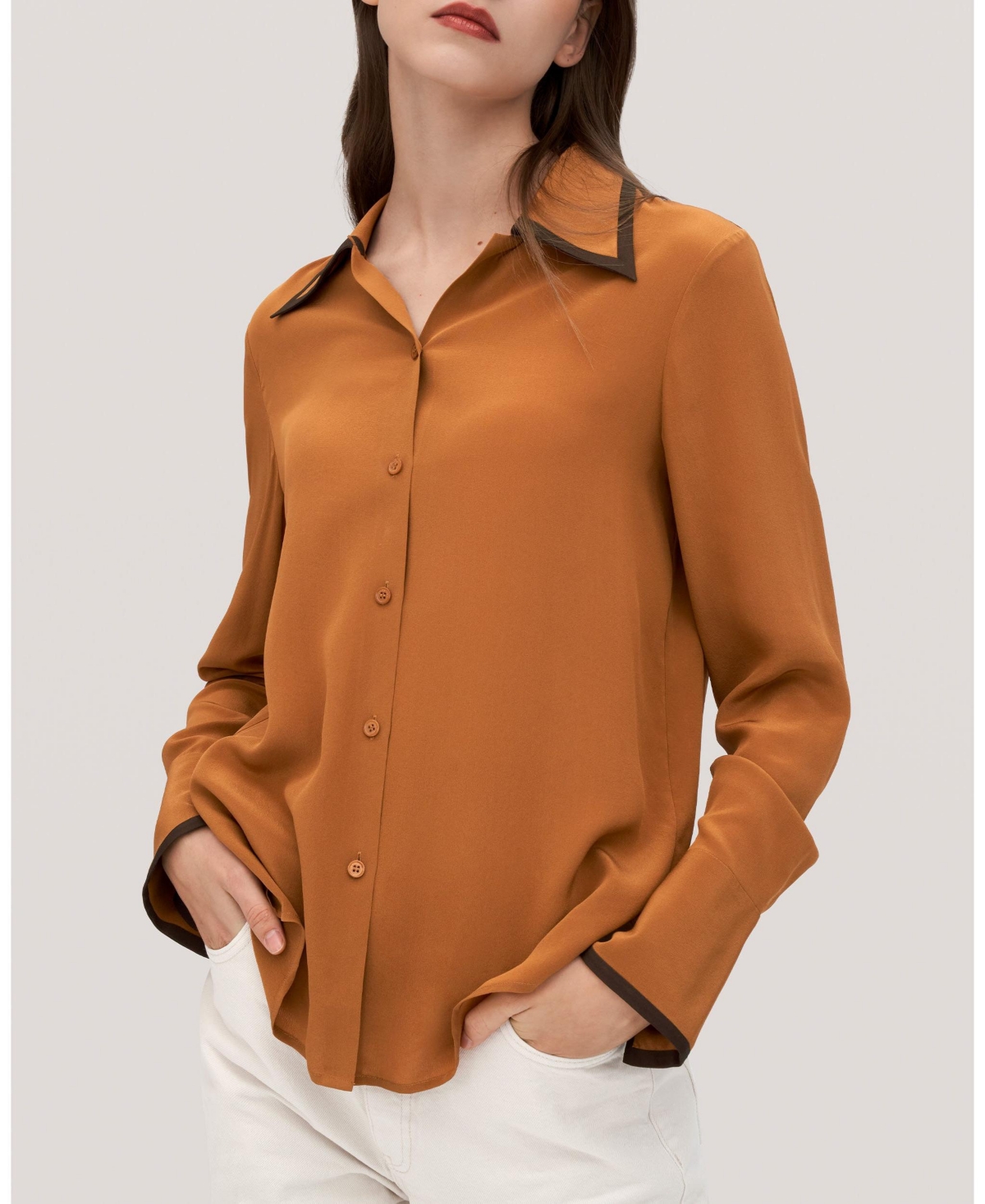 Women's Contrast Piping Silk Willow Shirt for Women - Dark caramel