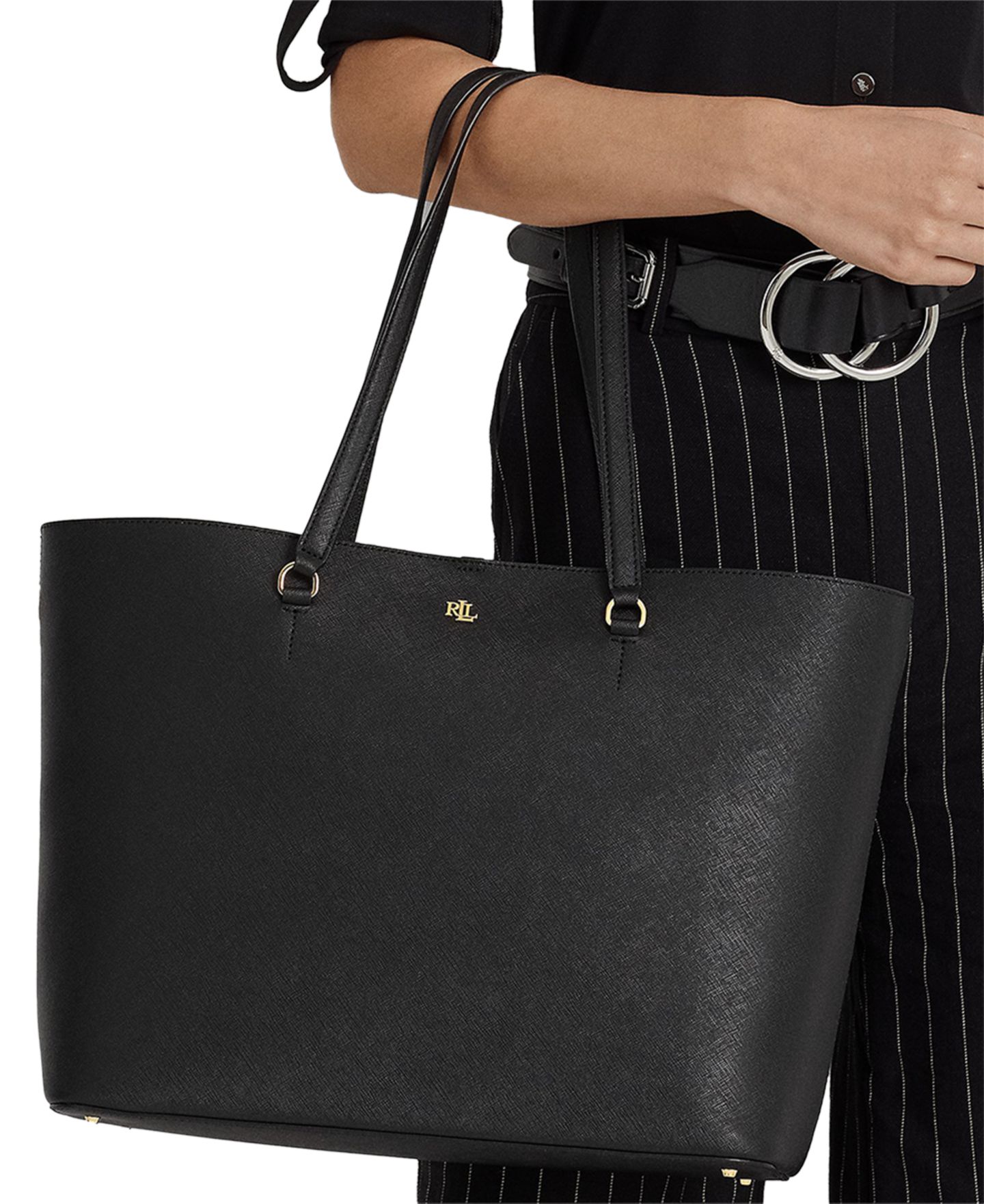 Женская сумка Lauren Ralph Lauren Karly Crosshatch Leather Large Tote, цвет: Чёрный — фото 3