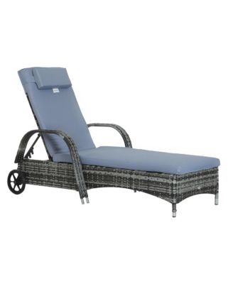 Reclining Chaise Lounge Chair, Thickly Cushioned, Headrest, Armrests, Rolling Outdoor Plastic Rattan Sun Bathing Chair with Wheels for Poolside, Pool, Patio, Grey
