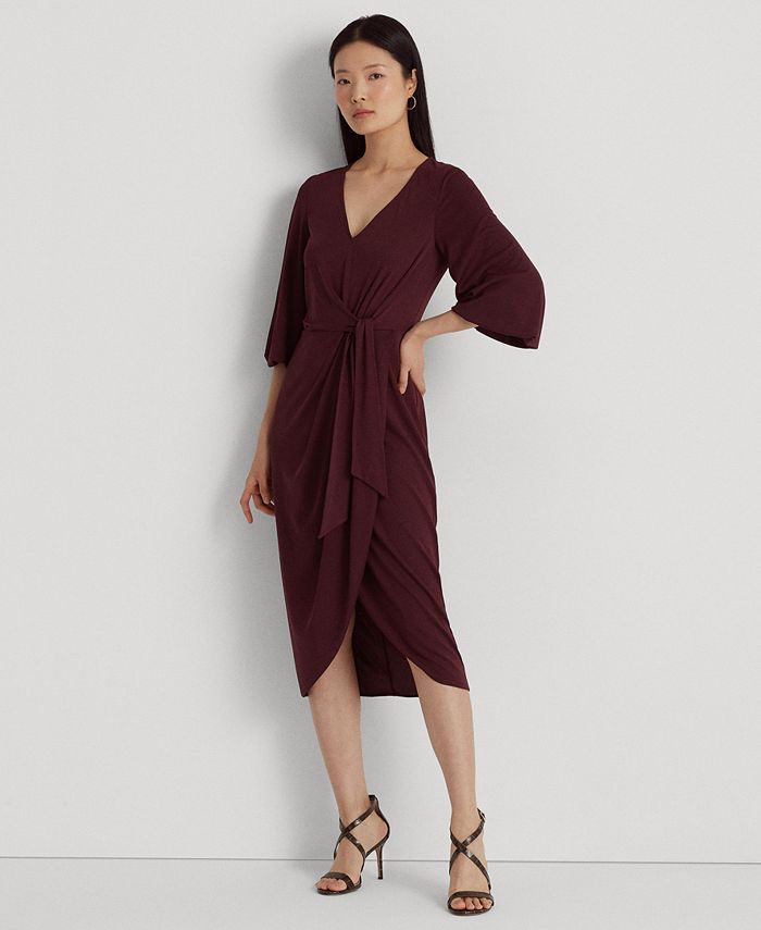 Lauren Ralph Lauren Stretch Jersey Tie Front Midi Dress Women's Dress Vintage Burgundy : 16