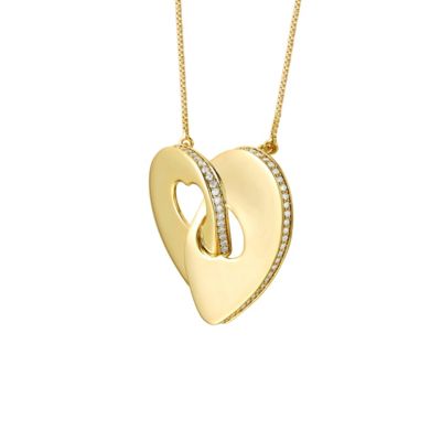 14k Gold Plated with Cubic Zirconia Modern Double Heart Half Cut-Out Entwined Necklace