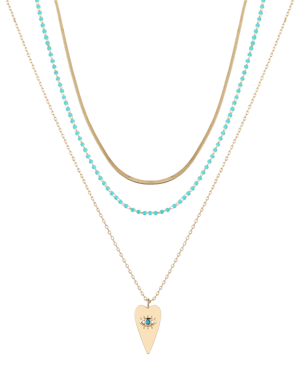 Unwritten 14k Gold Flash Plated Reconstituted Turquoise Stone And Evil Eye Heart Layered Pendant Necklaces, 3