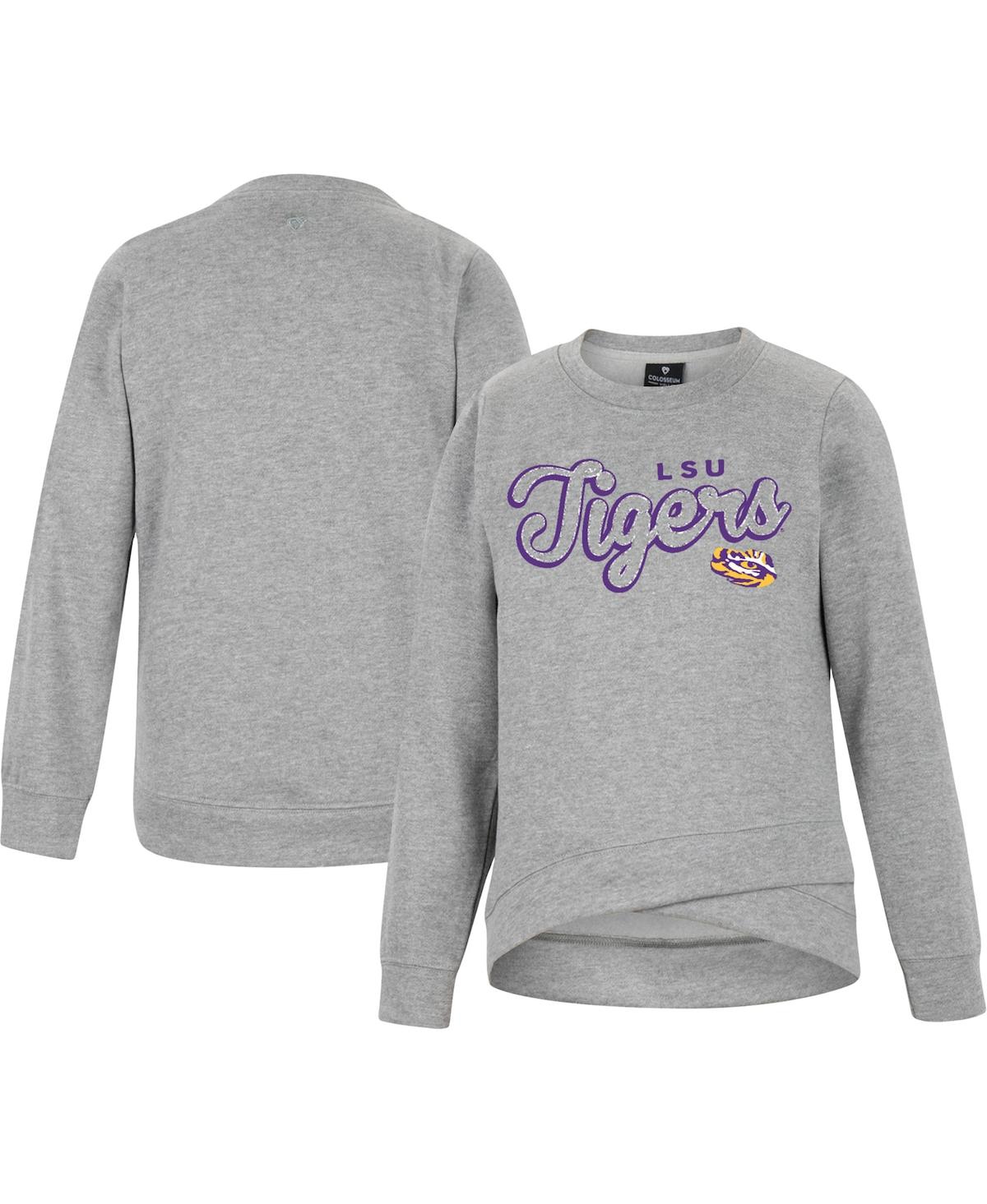 COLOSSEUM BIG GIRLS COLOSSEUM HEATHER GRAY LSU TIGERS WHOHOOPERS BLING CROSSOVER PULLOVER SWEATSHIRT