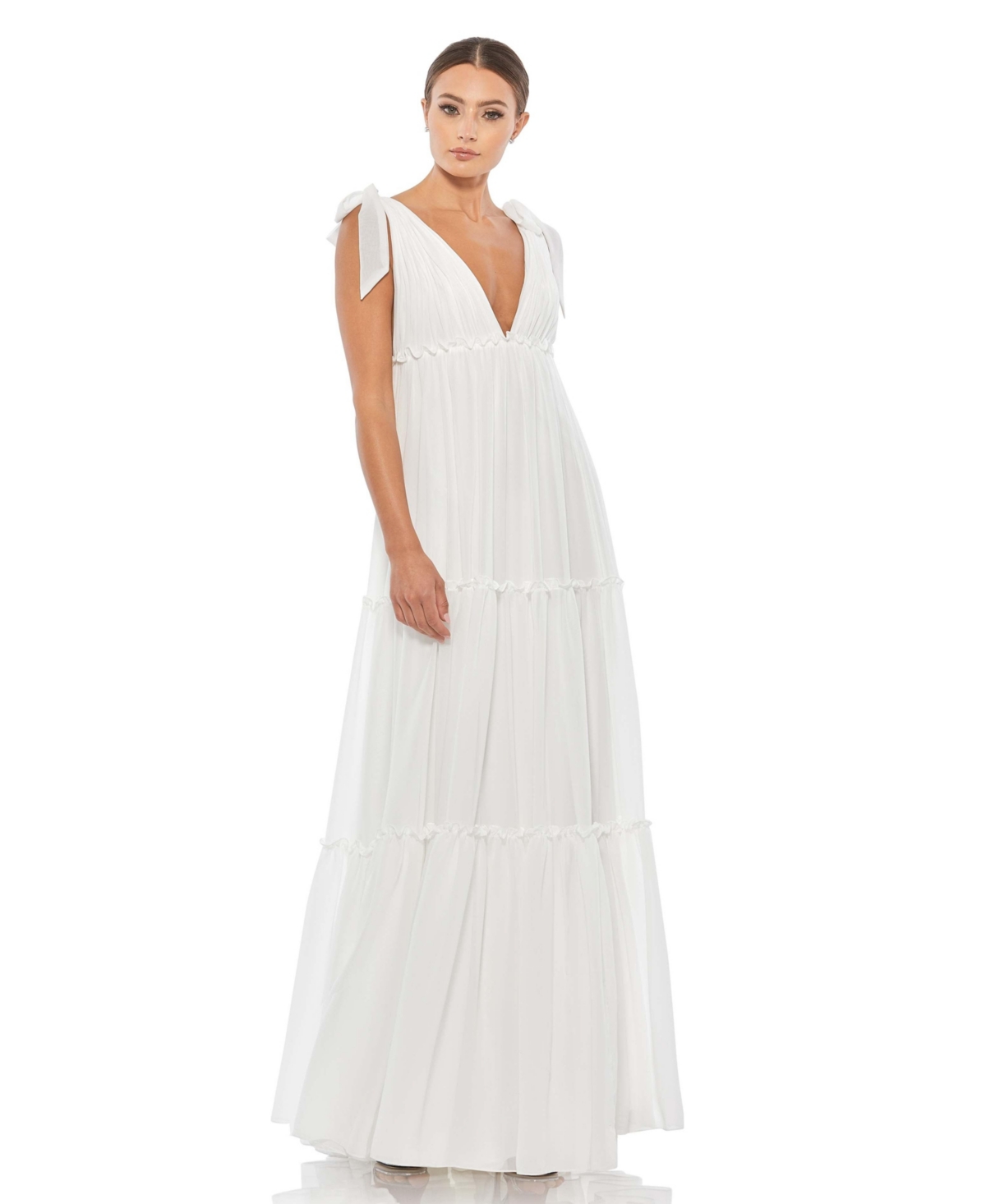 Mac Duggal Women's Ieena Tiered V-neck Plunging Maxi Dress In White ...
