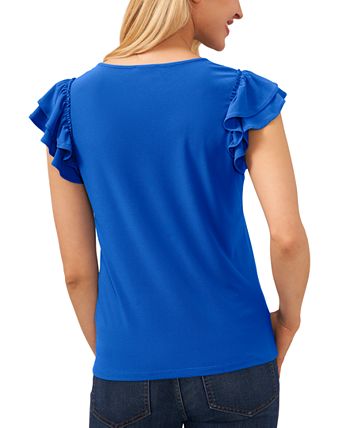 Entyinea Womens Summer Tops Ruffled Short Sleeve Round Neck Twist Front  Tops Shirts Blue XL 