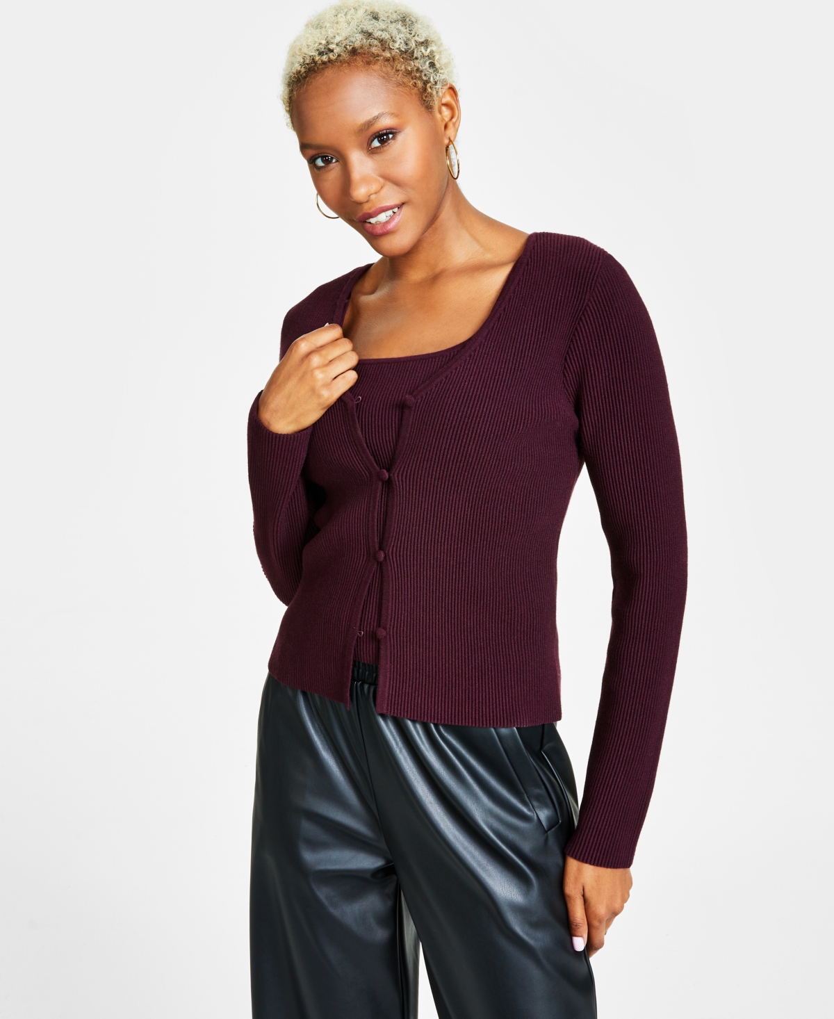 BAR III WOMEN'S OTTOMAN RIBBED CARDIGAN SWEATER, CREATED FOR MACY'S