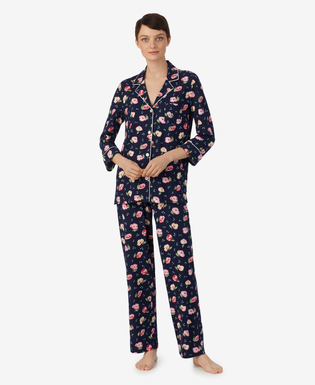 Lauren Ralph Lauren Women's 3/4 Sleeve Notch Collar Long Pants 2 Piece Pajama Set In Navy Floral