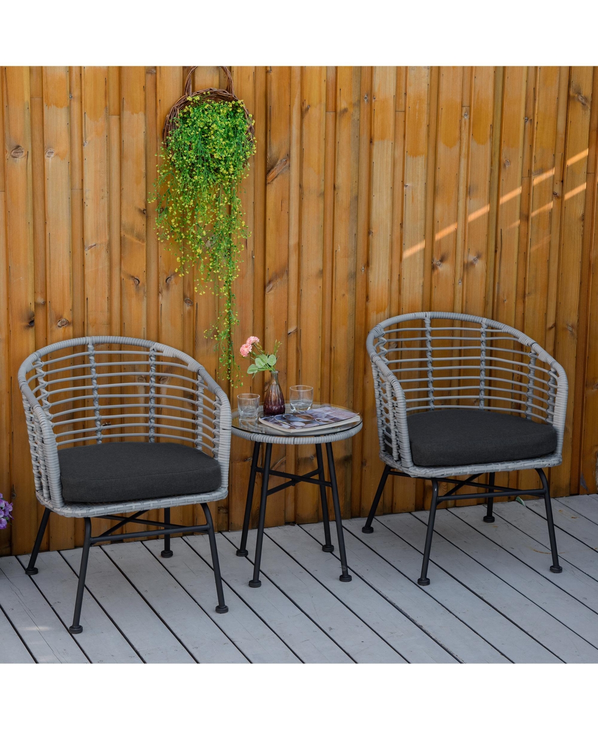 Outsunny 3-Piece Patio Bistro Set, Outdoor Wicker Conversation Set with Round Tempered Glass Top Table, 2 Rattan Armchairs for Porch, Backyard Mixed G