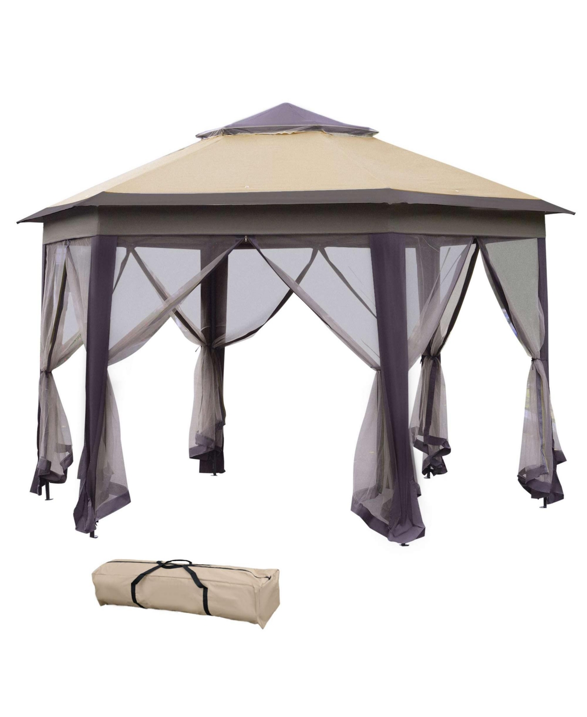13' x 13' Pop Up Gazebo Hexagonal Canopy with 6 Zippered Mesh Netting, 2-Tier Roof Event Tent with Strong Steel Frame for Patio Backyard Gard