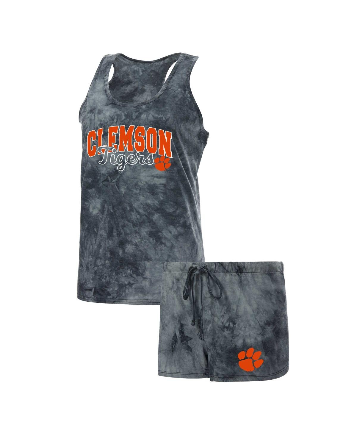 CONCEPTS SPORT WOMEN'S CONCEPTS SPORT CHARCOAL CLEMSON TIGERS BILLBOARD TIE-DYE TANK TOP AND SHORTS SLEEP SET 