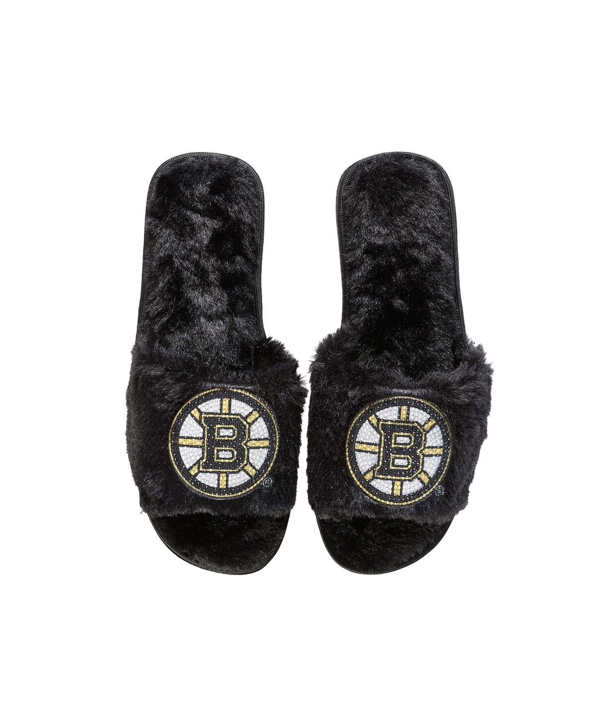 Shop Foco Women's  Black Boston Bruins Rhinestone Fuzzy Slippers