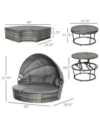 4pc Rattan Patio Furniture Set, Round Convertible Daybed or Sunbed, Adjustable Sun Canopy, Sectional Outdoor Sofa, 2 Chairs, Extending Tea Table, 3 Pillows, PE Plastic Wicker, Gray