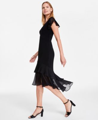 Women's V-Neck How-Low Hem Chiffon-Trim Dress