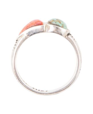 Out West Genuine Blue Turquoise and Genuine Orange Sponge Coral Thin Band Ring