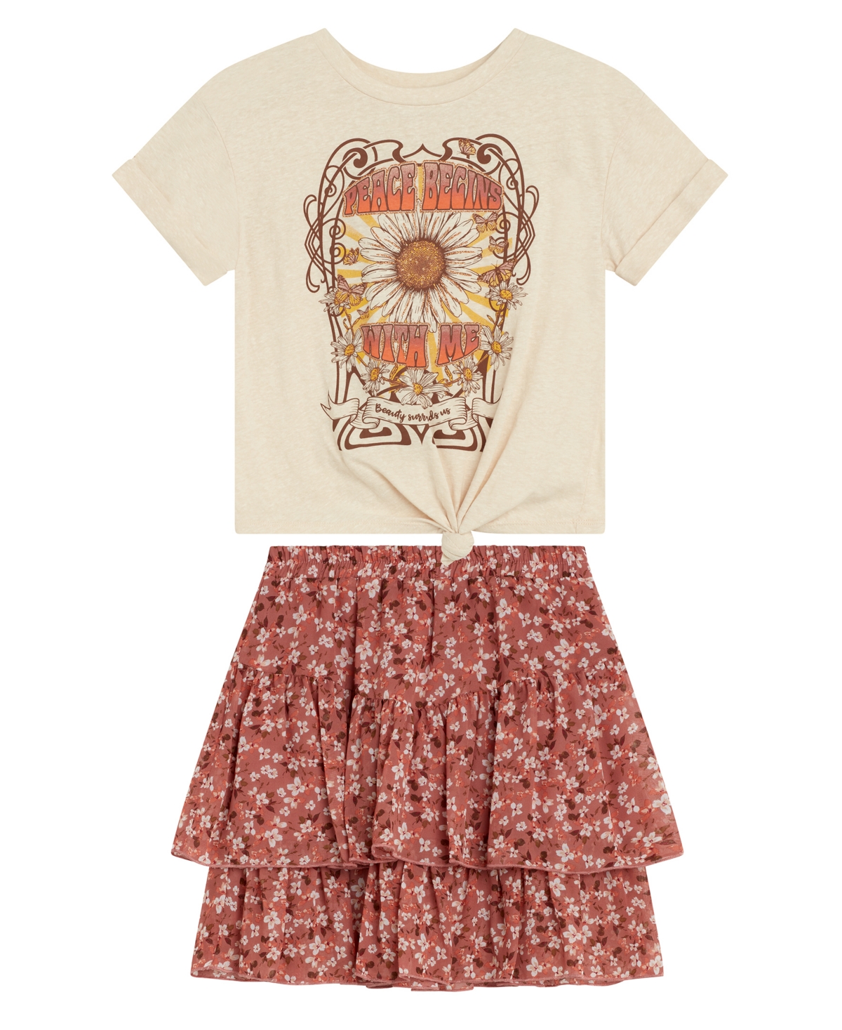 Beautees Kids' Big Girls Short Sleeve Crewneck T-shirt And Printed Skirt, 2 Piece Set In Mauve
