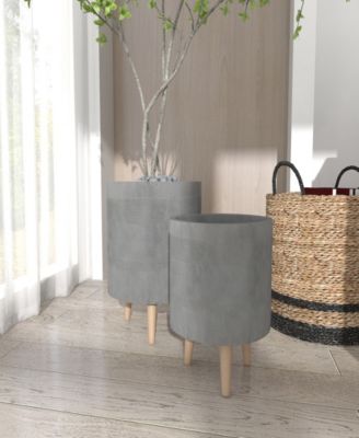 Gray Ceramic Indoor Outdoor Planter with Wood Legs Set of 2 