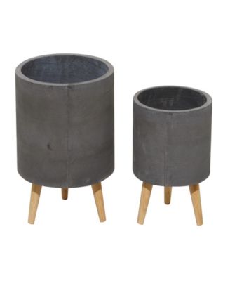 Gray Ceramic Indoor Outdoor Planter with Wood Legs Set of 2 