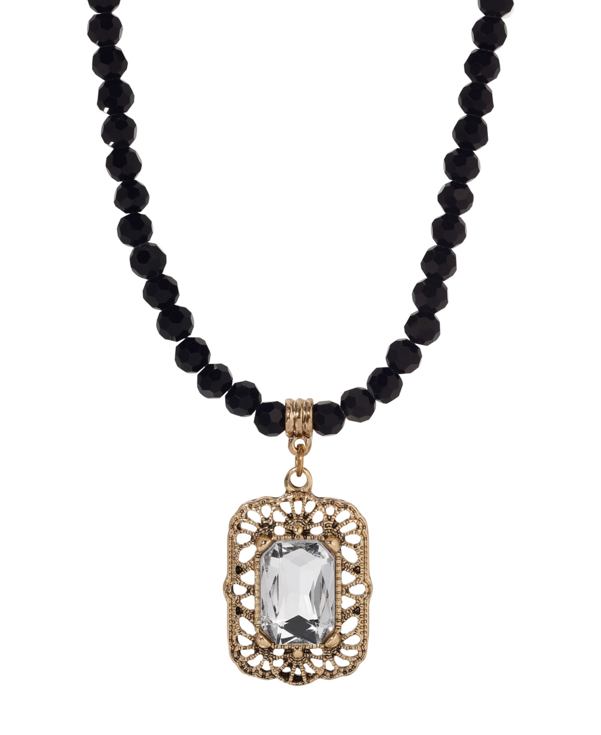 2028 Crystal Glass Bead Pendant Necklace In Black