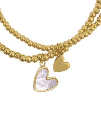 14K Gold Plated Stretch Heart Ball Bracelets with Imitation Mother of Pearl, 2 Pieces