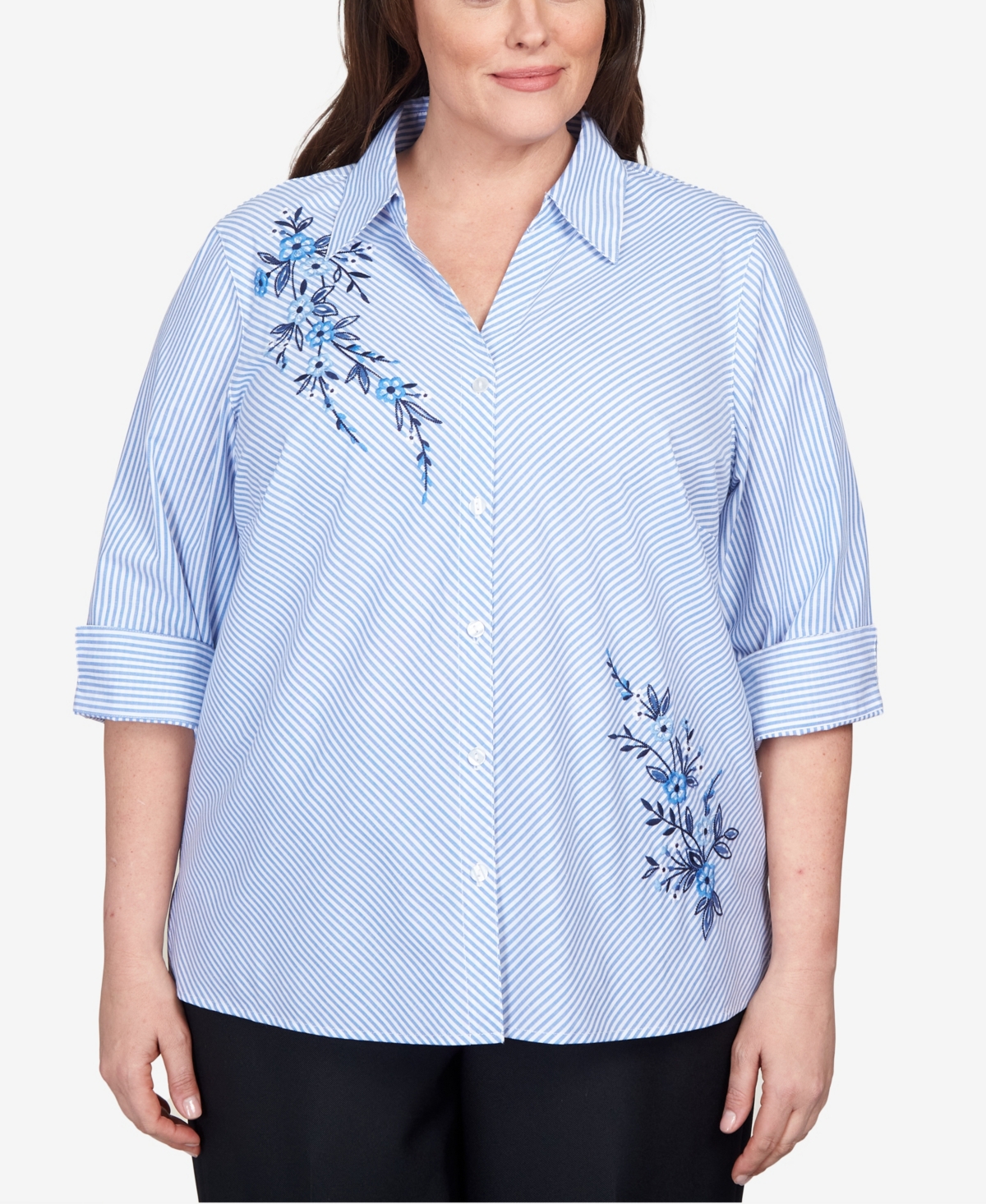 Alfred Dunner Plus Size Classics Embroidered Mitered Stripe Button Down Top In Blue