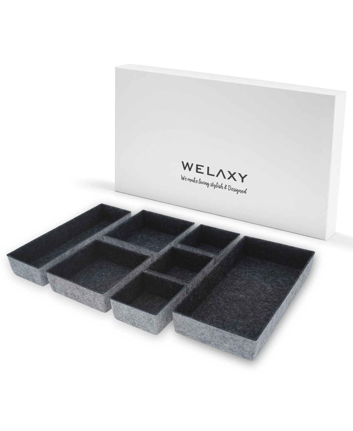 Welaxy Deluxe 7 Piece Rectangular Organizer Bins Gift Boxed Set In Charcoal