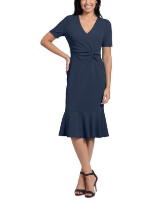 London Times - Women's Twisted Flounce-Hem Midi Dress