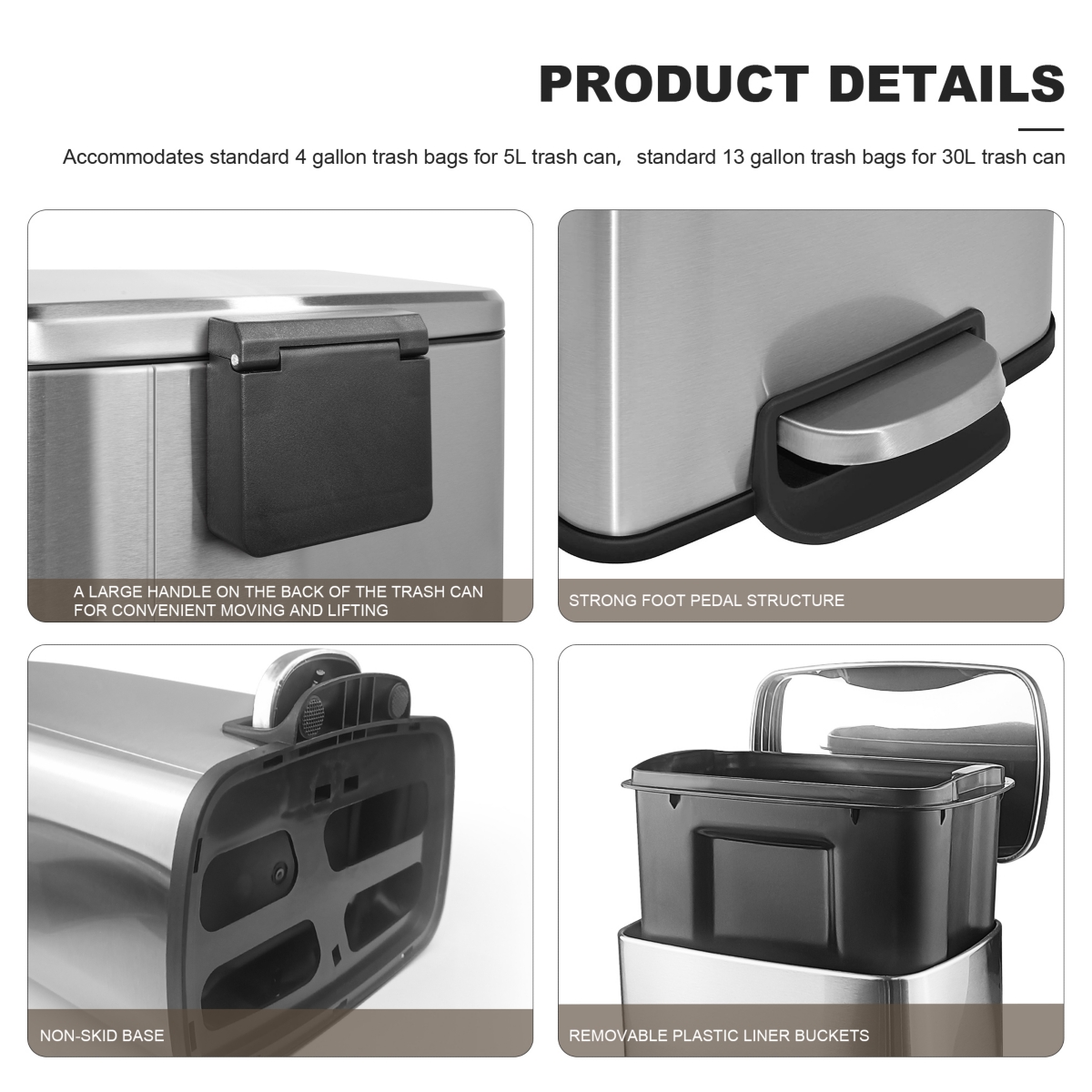 Mega Casa Gal./30 Liter and Gal./5 Liter Rectangular Stainless Steel Step-on Trash Can Set for Kitchen and Bathroom