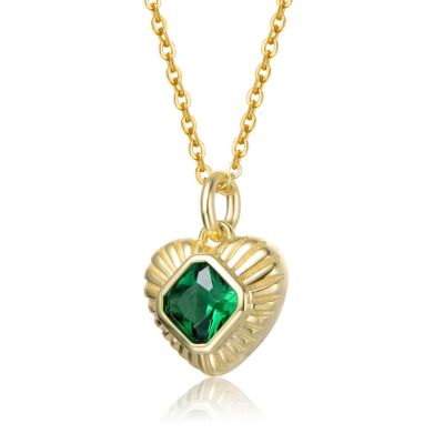 Sterling Silver 14k Yellow Gold Plated with Green Cubic Zirconia Sunray Heart Pendant Necklace