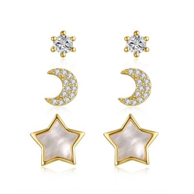 Stunning 3-Piece Astrological Zodiac Galaxy Stud Earrings Set in 14k Yellow Gold Plating with Mother of Pearl & Cubic Zirconia