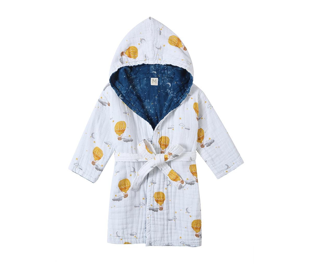 Gots Certified Organic Cotton Muslin Hooded Reversible Bath Robe,(Size 5-6Y), Unisex, Child - Mystical night