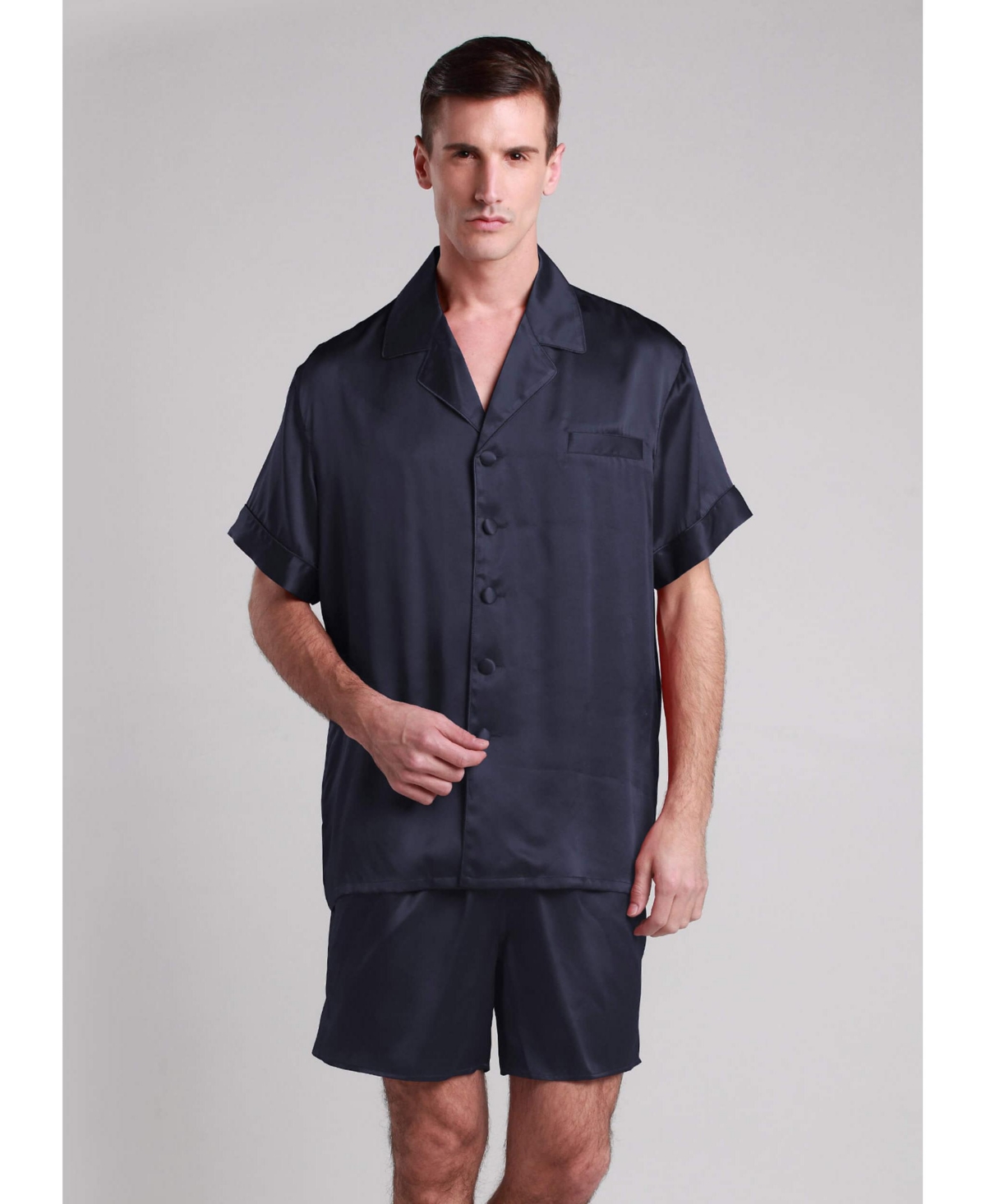 Men's 22 Momme Classic Short Silk Pajamas Set for Men - Navy blue
